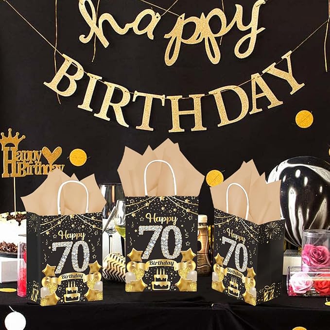 50Pcs 70th Birthday Party Favors Gift Bags Bulk, Black and Gold Happy 70th Gift Candy Wrap Bags with Tissue Paper, Vintage 70th Birthday Decorations Souvenir Bag for Men Women Anniversary Supplies (70th)