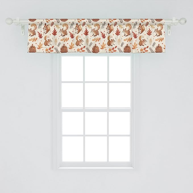 Ambesonne Fall Window Valance Pack of 2, Vintage Farmhouse Autumnal Theme with Squirrels Pinecones and Leaves Print, Rod Pocket Curtain Valances for Kitchen Bedroom, 54" X 12", Beige Brown and Cocoa
