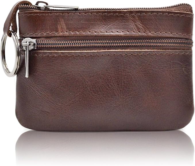 Multi-Functional Genuine Leather Wallet - Wine Red Compact Card Holder with 3 Zippers, Built-in Key Ring & Coin Purse for Travel (darkbrown)