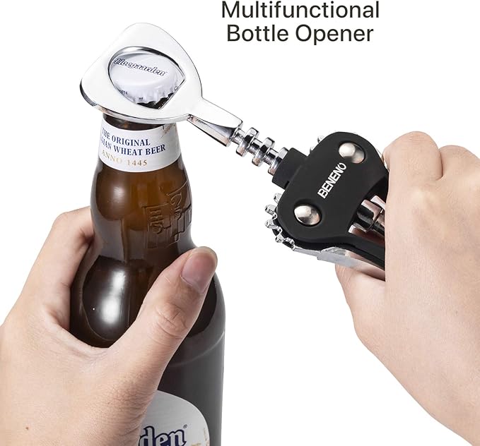 Beneno Wine Opener with Stainless Steel Wine Foil Cutter - Bottle Top Seal Cutter, Zinc Alloy Premium Wing Corkscrew with Multifunctional Bottles Opener, Midnight Black