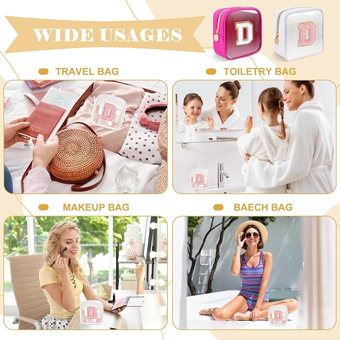 Personalized Initial Letter Clear Preppy Makeup Bag,Mini Nylon Chenille Letter Cosmetic Bag Cute Zipper Pouch Purse for Teen Girls,Portable TSA Approved Beach Travel Essentials Bag Gift for Women,D