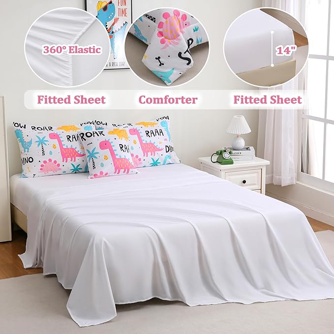 6 Pcs Bed in A Bag Dinosaur Bedding Full Comforter Set for Girls,Pink Dinosaur Bedding Sets with Sheets for Kids