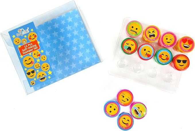TINYMILLS 12 Pcs Emoji Stamp Kit for Kids - Emoji Self Inking Stamps Gift Party Favors