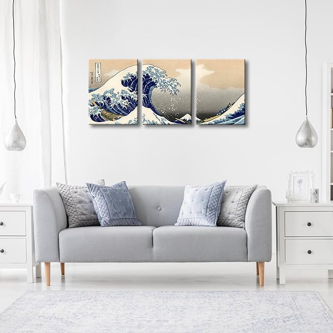 Wieco Art Great Wave of Kanagawa Katsushika Hokusai 3 Piece Modern Canvas Prints Artwork Abstract Pictures Paintings on Canvas Wall Art for Home Office Decorations Wall Decor