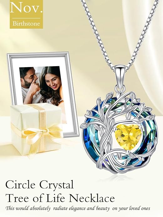 TOUPOP Tree of Life Birthstone Necklace 925 Sterling Silver Pendant Austrian Crystal Jewelry Anniversary Valentine's Day Birthday Gifts for Women Mom Her Wife