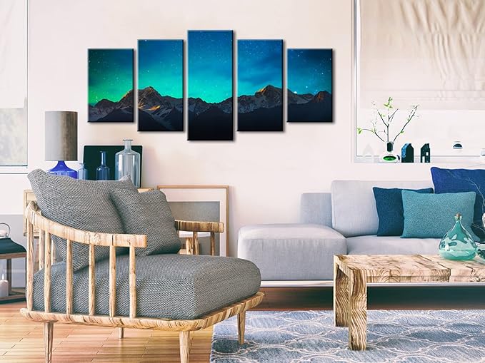 Wieco Art Canvas Wall Art Mount Cook and Lake Matheson New Zealand with Milky Way Modern 5 Piece Canvas Artwork Starry Night Pictures for Bedroom Kitchen Living Room Wall Decor Home Decorations