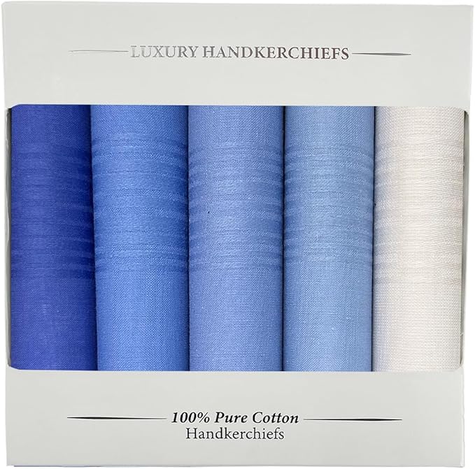 5 Pack Handkerchief Mens Cotton Luxury Hot Silver Gift Box Set, Vintage 40x40cm Fancy Design Pocket Square Hankie Gift Pack