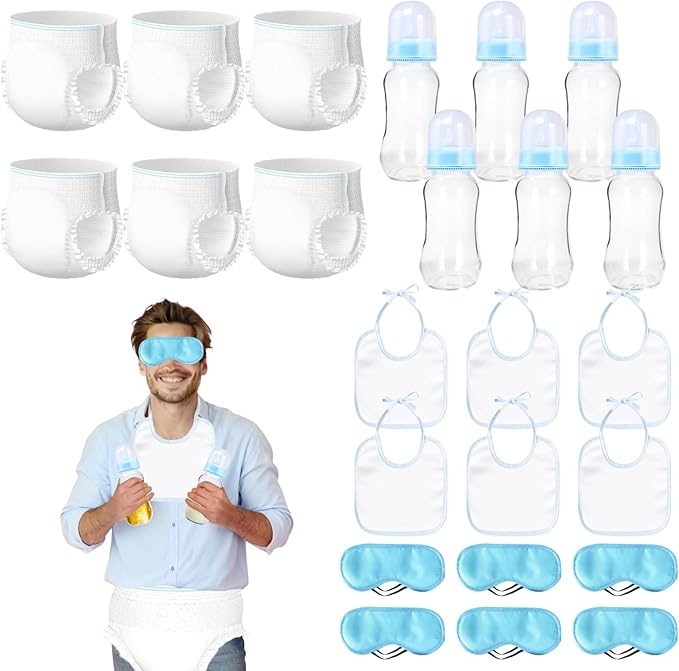 6 Sets Bottle Chug Baby Shower Games Plastic Baby Bottles Hat Disposable Diapers Gender Reveal Games Baby Changing Diaper Race Game Decorations (Blue)