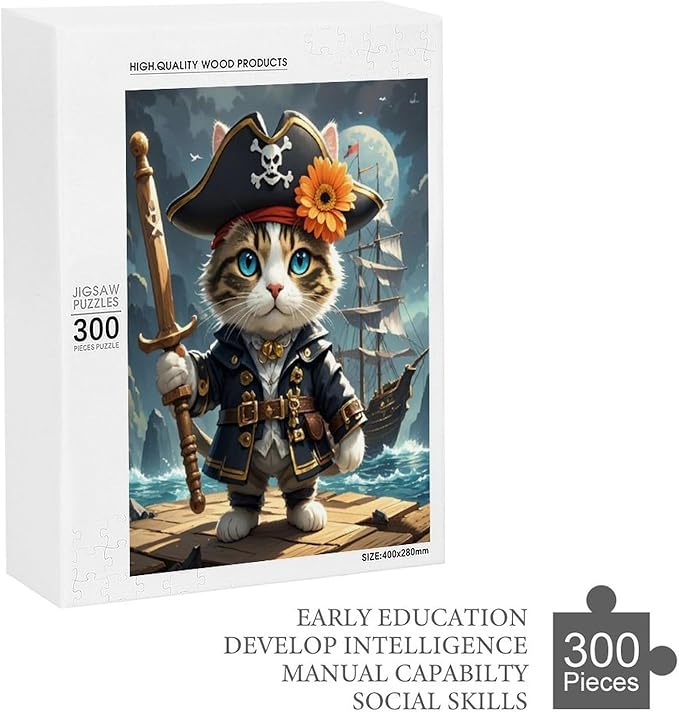 Wooden Puzzle - Classic Pirate Cat Leader Jigsaw Puzzles，Wooden Puzzles for Adults 300 Pieces Challenge Puzzles，Educational Games，Family Puzzles，Unique Gifts for Wall Art