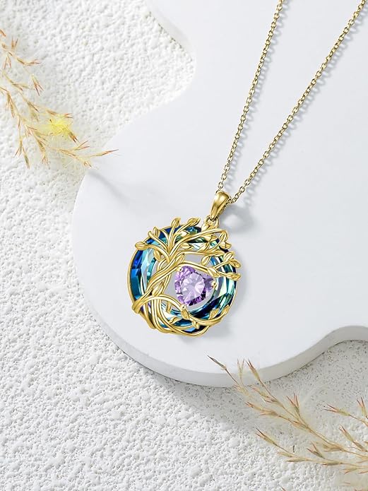 TOUPOP Tree of Life Birthstone Necklace 925 Sterling Silver Pendant Austrian Crystal Jewelry Anniversary Valentine's Day Birthday Gifts for Women Mom Her Wife