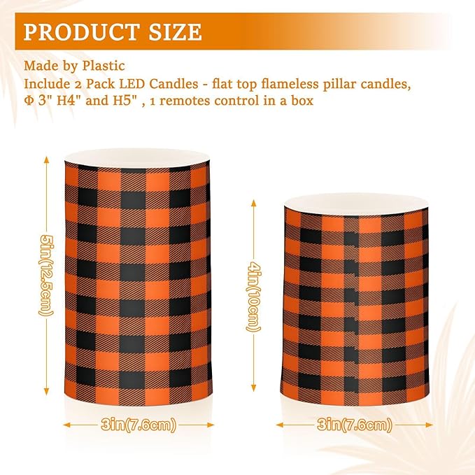 Halloween Black Orange Buffalo Plaid Check Flickering Flameless Candles Battery Operated with Remote Timer,Tea Light Candles LED Pillar Votive Candles Set of 2 for Outdoor Indoor Decorations