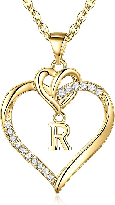 STORUP Valentines Gifts for Women Teen Girls - Heart Initial Necklaces for Women Girls, 14K-Gold-Plated CZ Initial A-Z Heart Necklaces for Teen Girl Jewelry Valentines Gifts for Her Mom Wife Sister