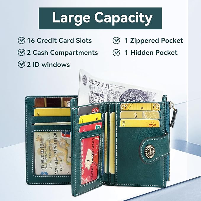 Women's Small Genuine Leather Bifold Wallet Large Capacity RFID Blocking with 16 Card Slots 2 ID Windows and Zipper Coin Pocket Pink (Peacock Blue)