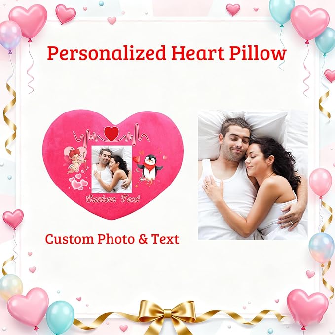 Custom Heart Pillow with Insert, Personalized Heart Shaped Pillows with Photo Name as Valentine Pillows for Hubsand Wife Home Decor Personalized Gifts for Valentines Day Anniversary