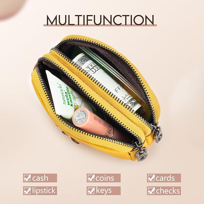 imeetu Women Leather Coin Purse, Small 2 Zippered Change Pouch Wallet