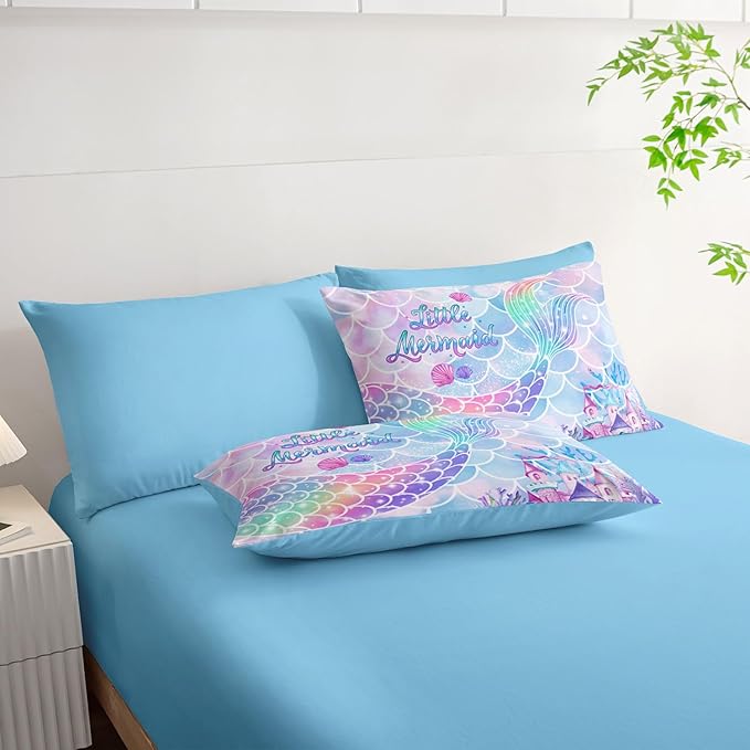 7Pcs Comforter Set Rainbow Mermaid Tail Printed Bedding Set with 1 Comforter, 1 Flat Sheet, 1 Fitted Sheet and 4 Pillowcases for Girls Bedroom All Season(Mermaid-3 Twin)