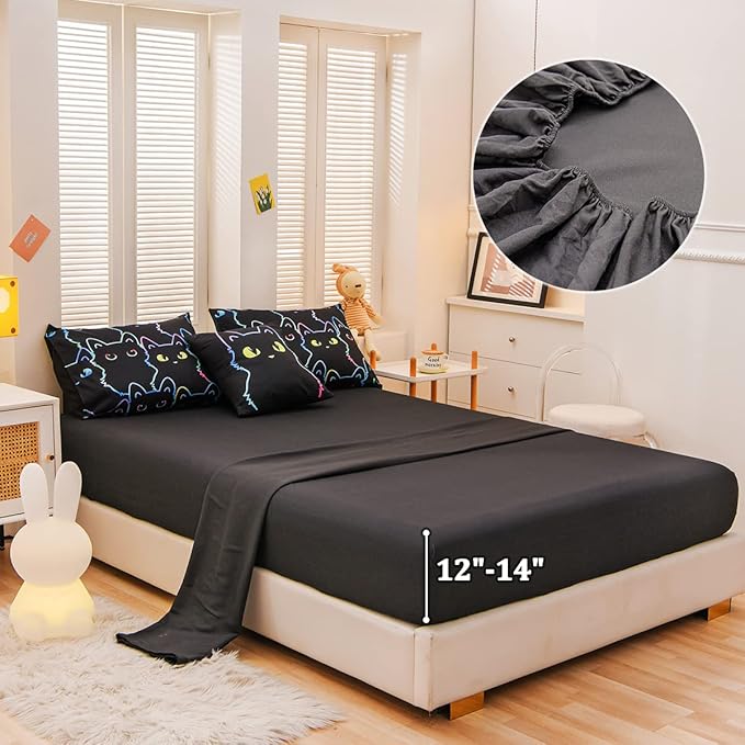 Cute Cat Full Comforter Set with Sheets, Boys Girls Lightweight 6 Pcs Bed in A Bag Full Size Bedding Set for Kids Teens