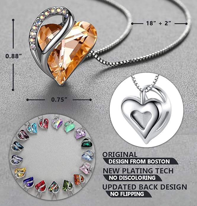 Leafael Valentine's Day Gift Necklaces for Women, Infinity Love Birthstone Heart Crystal Pendant, Birthday Anniversary Jewelry for Wife, Mom, and Her, Silver Plated, 18" + 2" Adjustable Chain