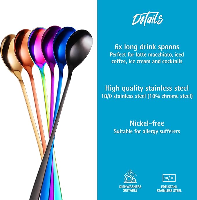 GRÄWE Macchiato Ice Cream Spoon and Latte Stainless Steel Long Spoon Ideal for Coffee, Desserts and Ice Tea, Dishwasher Safe, Multi-Coloured