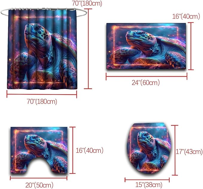 Ocean Themed Shower Curtain - 4 Pcs Kids Shower Curtain Set Turtle Shower Curtains for Bathroom Turtle Bathroom Accessories with Rug,Toilet Cover and Bath Mat with 12 Hooks