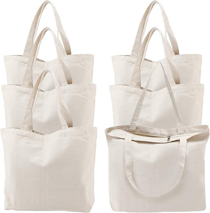 Segarty 6 Packs Canvas Tote Bag with Zipper, 16x13 inch Reusable Washable Grocery Shopping Bags with Handle Plain Canvas Totes for Women Teacher DIY Art Crafts Painting Embroidery Decoration