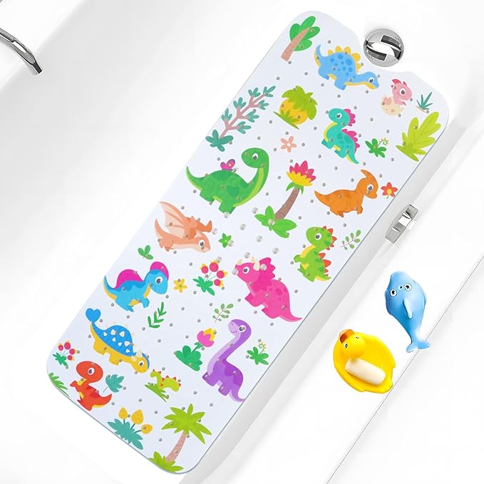Baby Bath Mat for Tub Non Slip Kids Bathtub Mat Extra Long 40X16 Inch Toddler Bath Tub Shower Mat Anti Slip with Suction Cups & Drain Holes, Machine Washable (Forest Dinosaur)