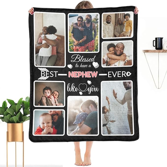Custom Blanket Gifts for Nephew, Customized Blankets with Photos, Make a Personalized Bed Throws to My Nephew, Custom Souvenir Throw Blanket for Best Nephew Ever, 8 Collages Made in USA
