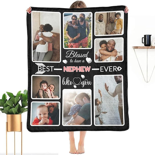 Custom Blanket Gifts for Nephew, Customized Blankets with Photos, Make a Personalized Bed Throws to My Nephew, Custom Souvenir Throw Blanket for Best Nephew Ever, 8 Collages Made in USA