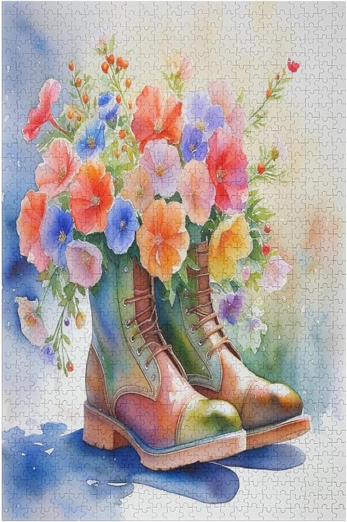 Boot Flowers Wooden Puzzle 1000 Pieces Jigsaw Puzzles for Adults Puzzle Educational Toys Challenging Fun Games Gifts for Elders Kids Family and Friends