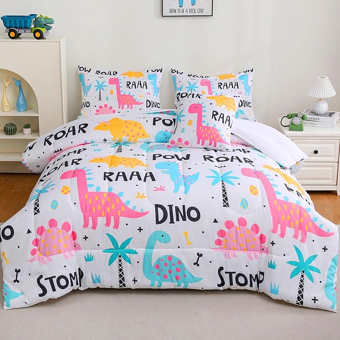 6 Pcs Bed in A Bag Dinosaur Bedding Full Comforter Set for Girls,Pink Dinosaur Bedding Sets with Sheets for Kids