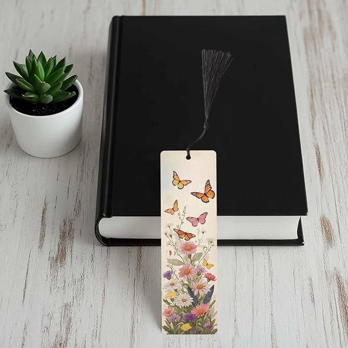 Butterflies Bookmarks 5 Pcs with Tassels Wildflower Summer Retro Pink Wooden Bookmarks for Reading Women Students Teacher Reader
