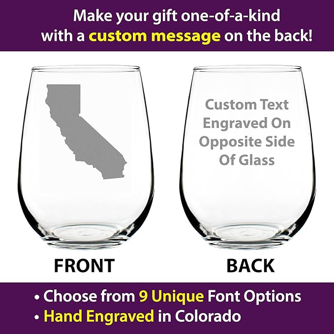 Custom California State Outline - Personalized Stemless Wine Glass - State Themed Drinking Decor and Gifts for Californians - Large 17 Ounce - Customized Wine Glass Gift