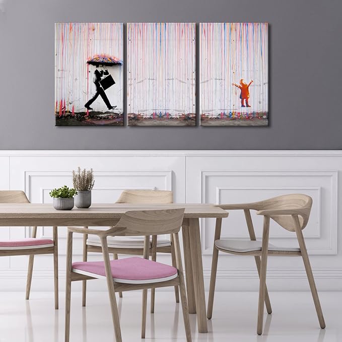 Wieco Art 3 Piece Banksy Famous Canvas Paintings Wall Art Raining day Modern Large Inspirational Grey Love Pictures Print Artwork for Dining Room Kitchen Home Office Decor