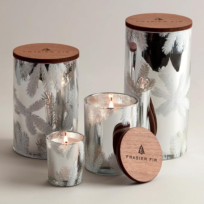 Thymes Frasier Fir Candle – Pine Needle Design – Holiday Scented Candle – Notes of Crisp Siberian Fir, Cedarwood & Sandalwood – Luxury Home Fragrance Gifts for Women & Men – Silver (Statement, 2 oz)