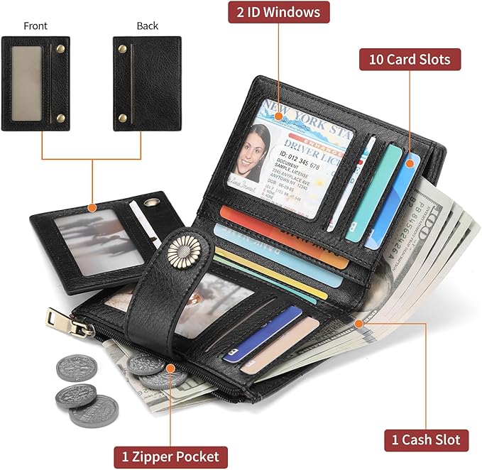 SENDEFN Small Wallets for Women Leather RFID Blocking Bifold Zipper Pocket Wallet with ID Window