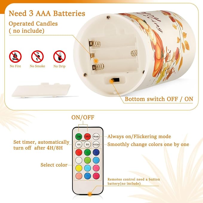 ALAZA Pumpkin Happy Thanksgiving Flickering Flameless Candles Battery Operated with Remote Timer,Tea Light Candles LED Pillar Votive Candles Set of 2 for Outdoor Indoor Decorations
