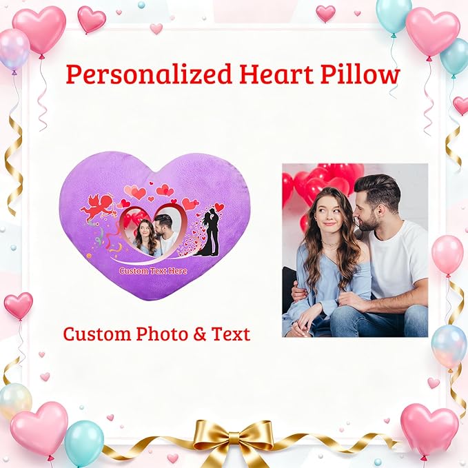 Custom Heart Pillow with Photo Name, Personalized Heart Pillows Decorative Throw Pillows as Valentine Pillow Personalized Gifts for Women Men Kids Family on Valentines Day Anniversary