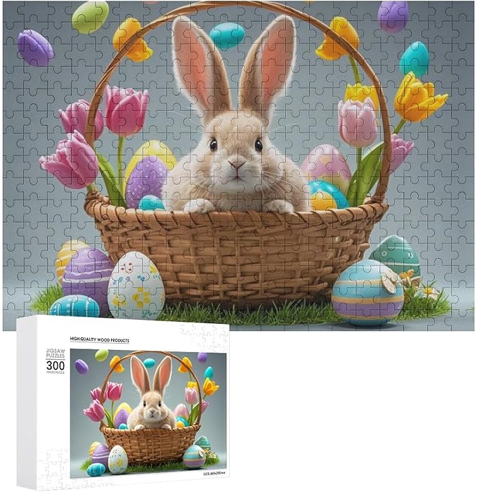 Wooden Puzzle - Easter Tulips Bunny Jigsaw Puzzles，Wooden Puzzles for Adults 300 Pieces Challenge Puzzles，Educational Games，Family Puzzles，Unique Gifts for Wall Art,Funnny Puzzles