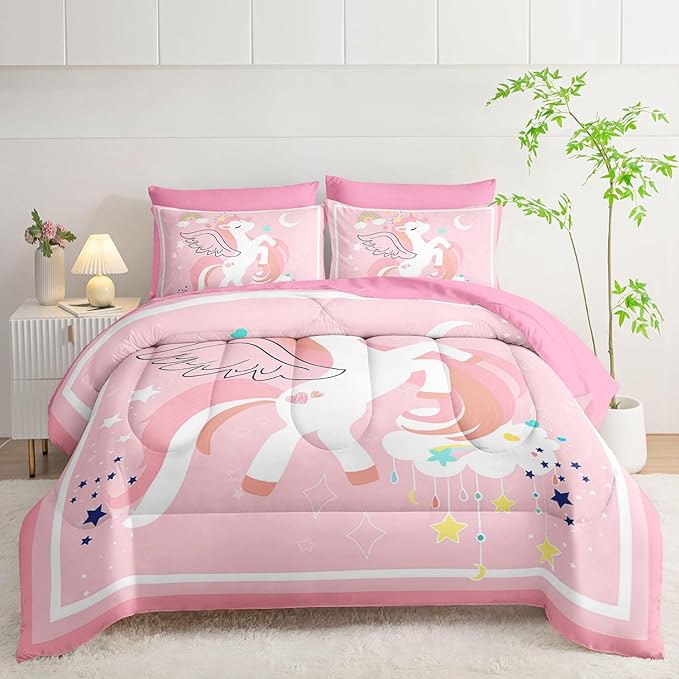 7Pcs Comforter Set Cartoon Pink Unicorn Printed Bedding Set with 1 Comforter,1 Flat Sheet,1 Fitted Sheet and 4 Pillowcases for Boys and Girls Bedroom All Season(Full)