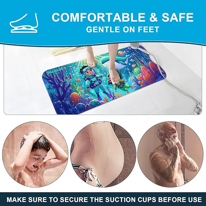 XIYUNTE Baby Bath Mat for Tub Non Slip Kids Bath Mat - 40''x16'' Extra Long Cartoon Diving Baby Bath Tub Mat Eco-Friendly Toddler Bath Mats with Suction Cups & Drain Holes Easy to Clean & Easy Drying