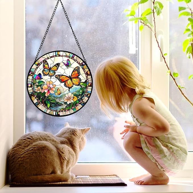 Stained Glass Window Hanging, Butterflies Flying in The Sky Suncatcher for Doors Home Sun Catchers Decoration and Christmas, Mother's Day Birthday Gifts for Women, Men, and Mom 14.9x14.9 in