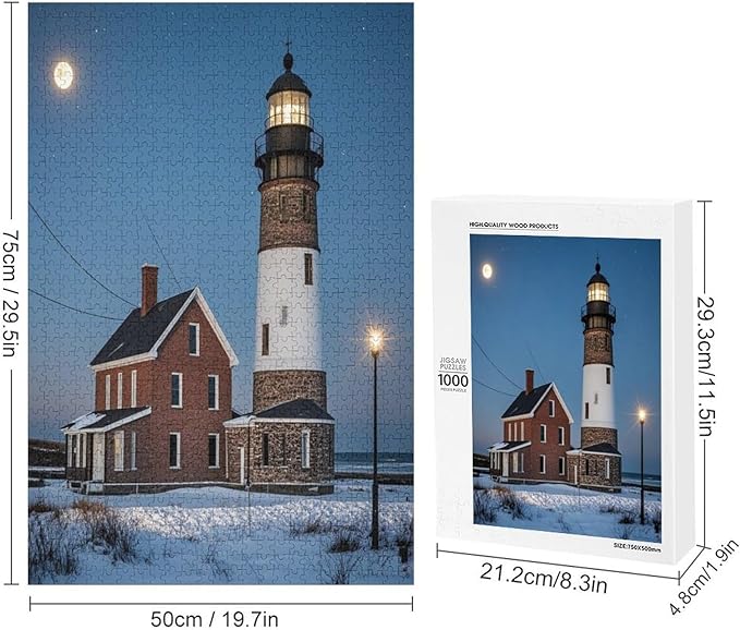 Puzzles for Adults 1000 Pieces Wooden Jigsaw Puzzle - Lighthouse Near Building Winter Theme Puzzle，Party Games，Family Toys，Educational Puzzles，Stress Relief Wooden Puzzle，Gifts for Family and Friends