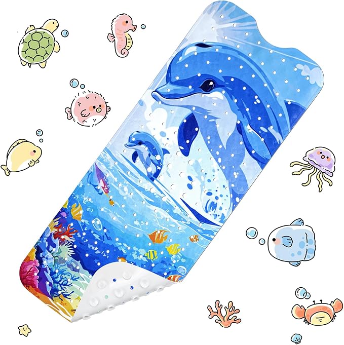 Vanleonet Baby Bathtub Mat Non Slip, 40''x16'' Extra Long Bathtub Mat Non Slip for Kids, Cartoon Shower Mat Anti Slip with Suction Cups & Drain Holes, Machine Washable, Dolphin