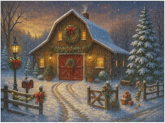 Christmas Snowy Night,Winter Red House 1000-Piece Wooden Jigsaw Puzzle, Festive Winter Puzzle, Snowy Red House Scene, Indoor Relaxation, Family Fun, Stress-Relief Activity