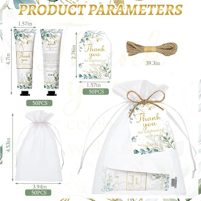 50 Sets Greenery Baby Shower Hand Cream Bulk Gifts, Wedding Bridal, Baby Shower Valentine's Party Favors for Guests,Travel Size, Hand Lotion Set with Thank You Card and Organza Gift Bags(greenery)