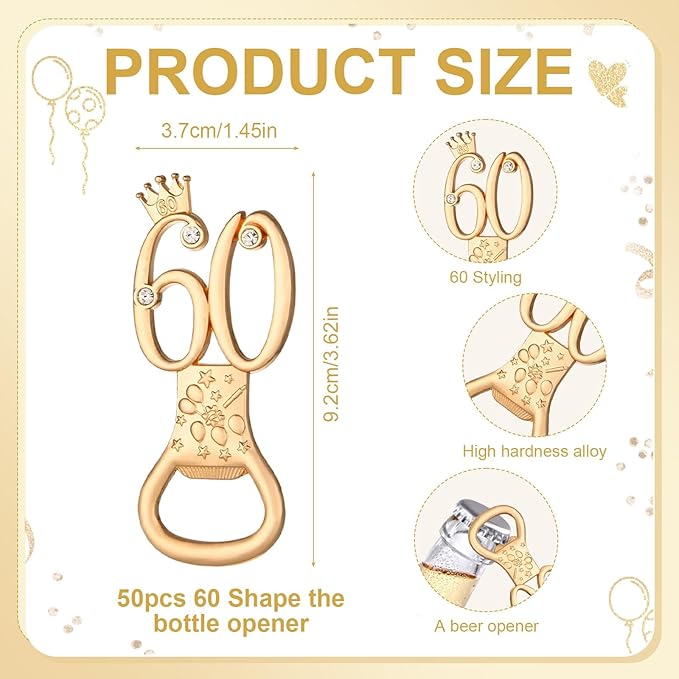 50Pcs 60th Birthday Bottle Opener Set 60th Birthday Party Favors 60th Golden Bottle Openers Personalized Party Favors Wedding Anniversaries Souvenirs Favors For Guests Party