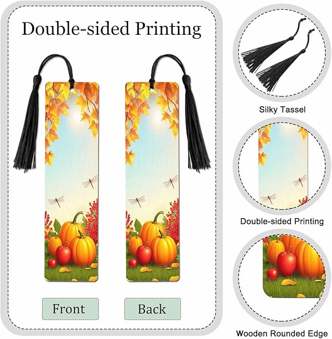 Thanksgiving Bookmarks 5 Pcs Autumn Pumpkin Fruit Maple Leaves Wooden Bookmark with Tassels for Reading Book Lovers Gift Office School Readers Teacher