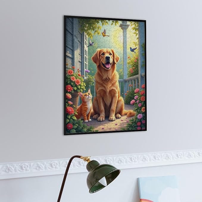 Wooden Puzzle - Garden Golden Retriever Jigsaw Puzzles，Wooden Puzzles for Adults 300 Pieces Challenge Puzzles，Educational Games，Family Puzzles，Unique Gifts for Wall Art