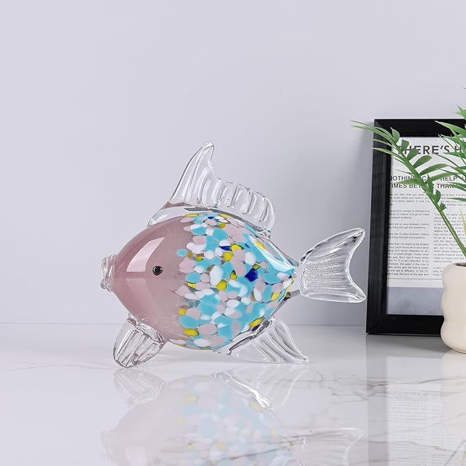 Large Glass Fish Figurine for Home Decor, Hand Blown Art Glass Ocean Animal Statue, Decorative Coastal and Beach Themed Sculpture for Table, Shelf, Bathroom, Living Room or Office