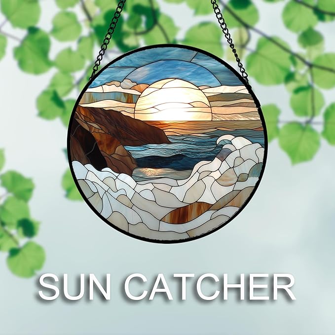 Stained Glass Window Hanging 4 Pcs Set Ocean Waves 7.8" - Blue and White Sea Suncatcher Door Garden Sun Catcher Decor Birthday Christmas for Mom Woman Nana Men